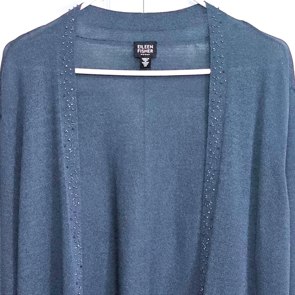 EILEEN FISHER Woman 1X‎ Blue Beaded Open Front Cardigan Sweater Italian Classic - Picture 2 of 6